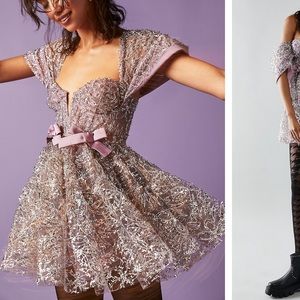 Free People FOR LOVE & LEMONS Brynne Silver Metallic Bow Mesh Puffy Mini Dress